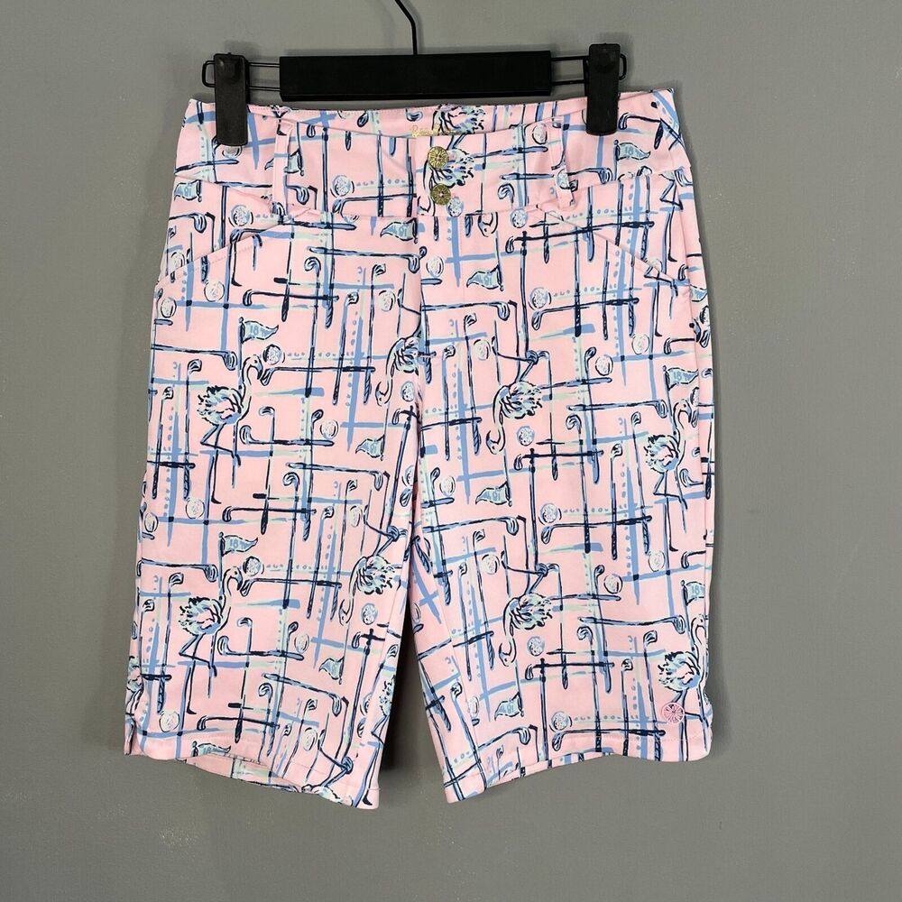 Lily Pulitzer Luxletic Womens 2 Bermuda Length Pink Abstract Artsy Shorts